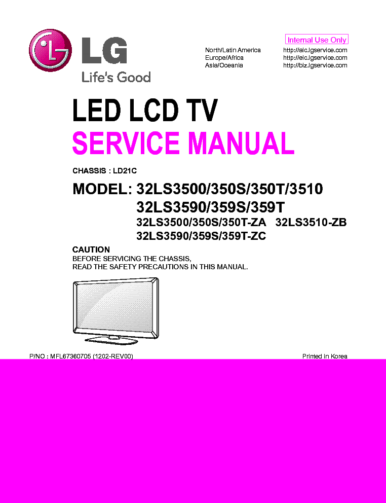 LG 32LS350S-ZA 350T 359S 359T 3500 3510 3590 CHASSIS LD21C MFL67360705 1202-REV00 service manual (1st page)