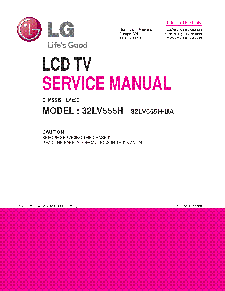 LG 32LV555H-UA CHASSIS LA05E service manual (1st page)