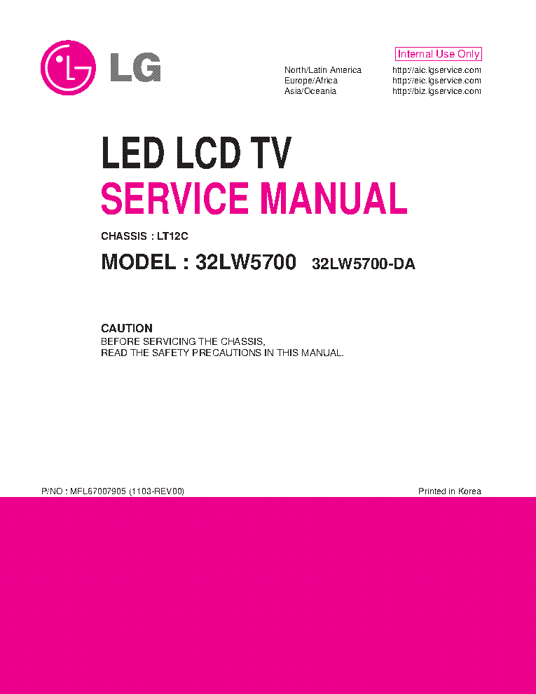 LG 32LW5700-DA CHASSIS LT12C MFL67007905 1103-REV00 service manual (1st page)