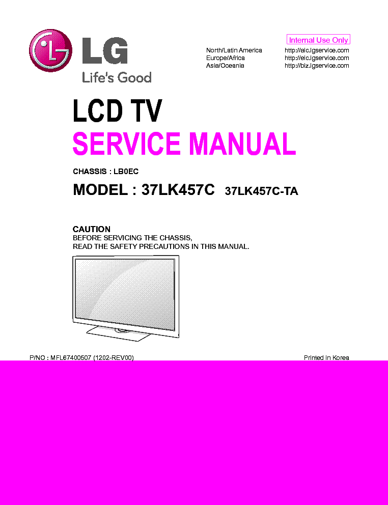 LG 37LK457C-TA CHASSIS LB0EC MFL67400507 1202-REV00 service manual (1st page)