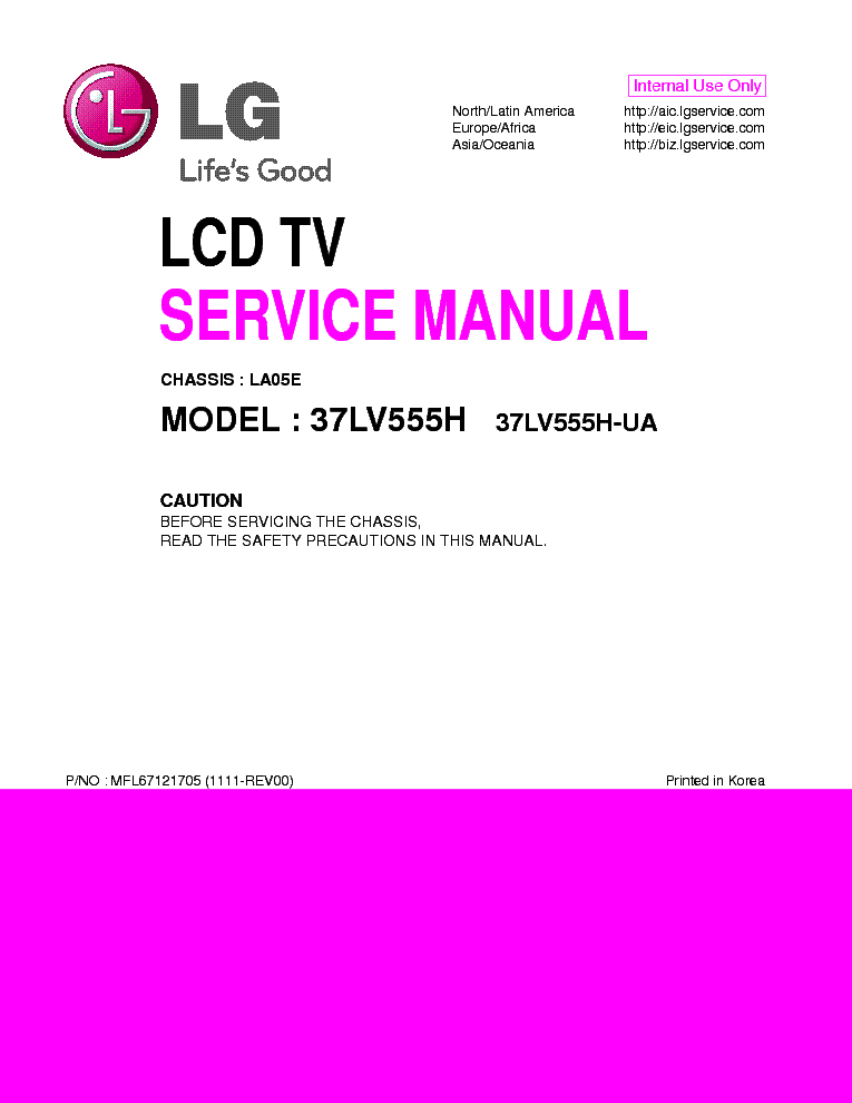 LG 37LV555H-UA CHASSIS LA05E service manual (1st page)