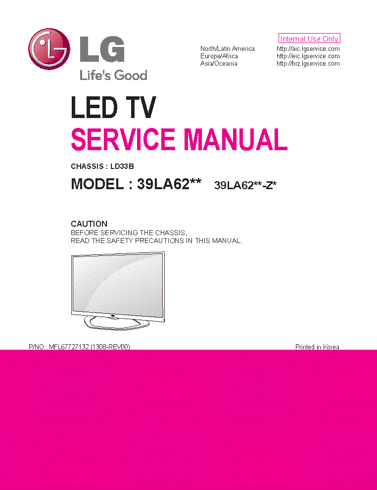 LG 39LA620S-ZA 39LA6208 39LA620V 39LA62XX-ZX CHASSIS LD33B MFL67727132 1308-REV00 service manual (1st page)
