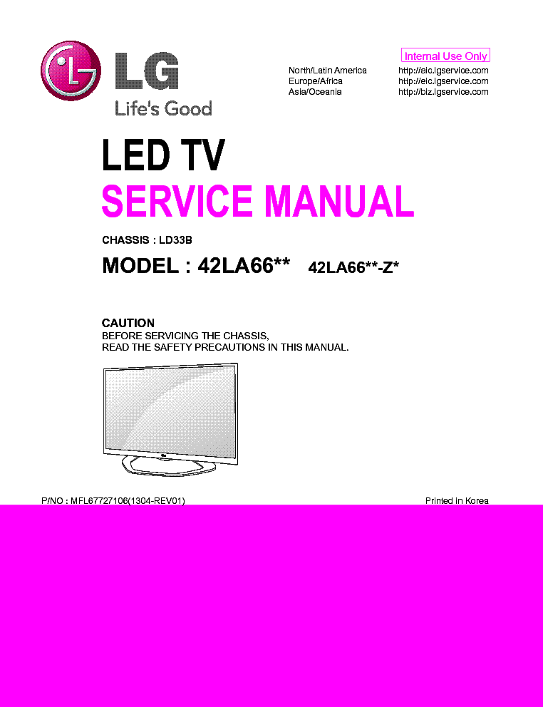 LG 42LA660S 660V 662V 667S 667V 669V 6608 6678 CHASSIS LD33B MFL67727106 1304-REV01 service manual (1st page)