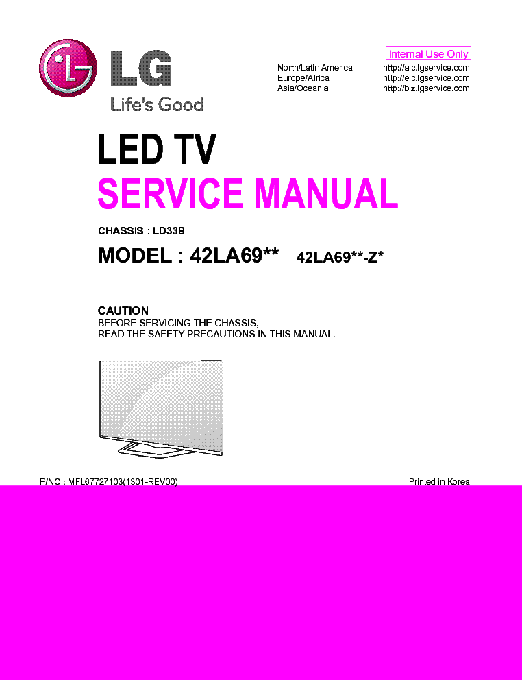 LG 42LA690S 690V 691S 691V 692V 6908 6918 6928 CHASSIS LD33B MFL67727103 1301-REV00 service manual (1st page)