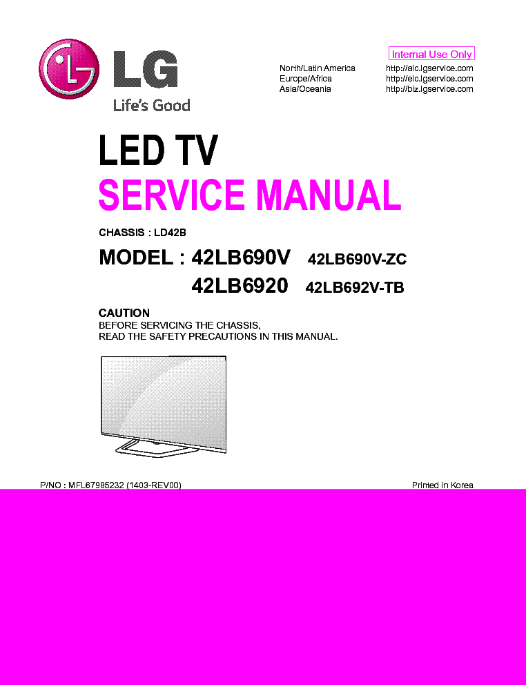 LG 42LB690V-ZC 42LB6920V-TB CHASSIS LD42B 1403-REV00 service manual