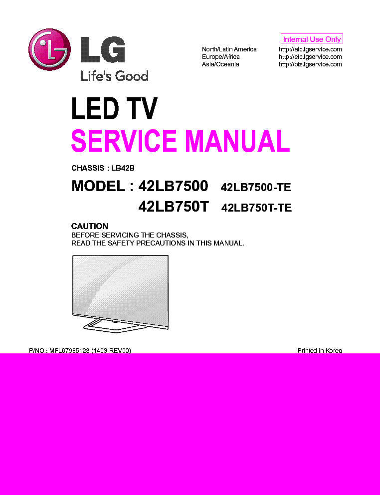 LG 42LB7500-TE 42LB750T-TE CHASSIS LB42B 1403-REV00 service manual (1st page)