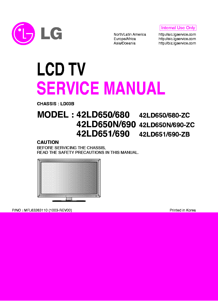 LG 42LD650 680-ZC 42LD650N 690-ZC 42LD651 690-ZB CH LD03B SM service manual (1st page)