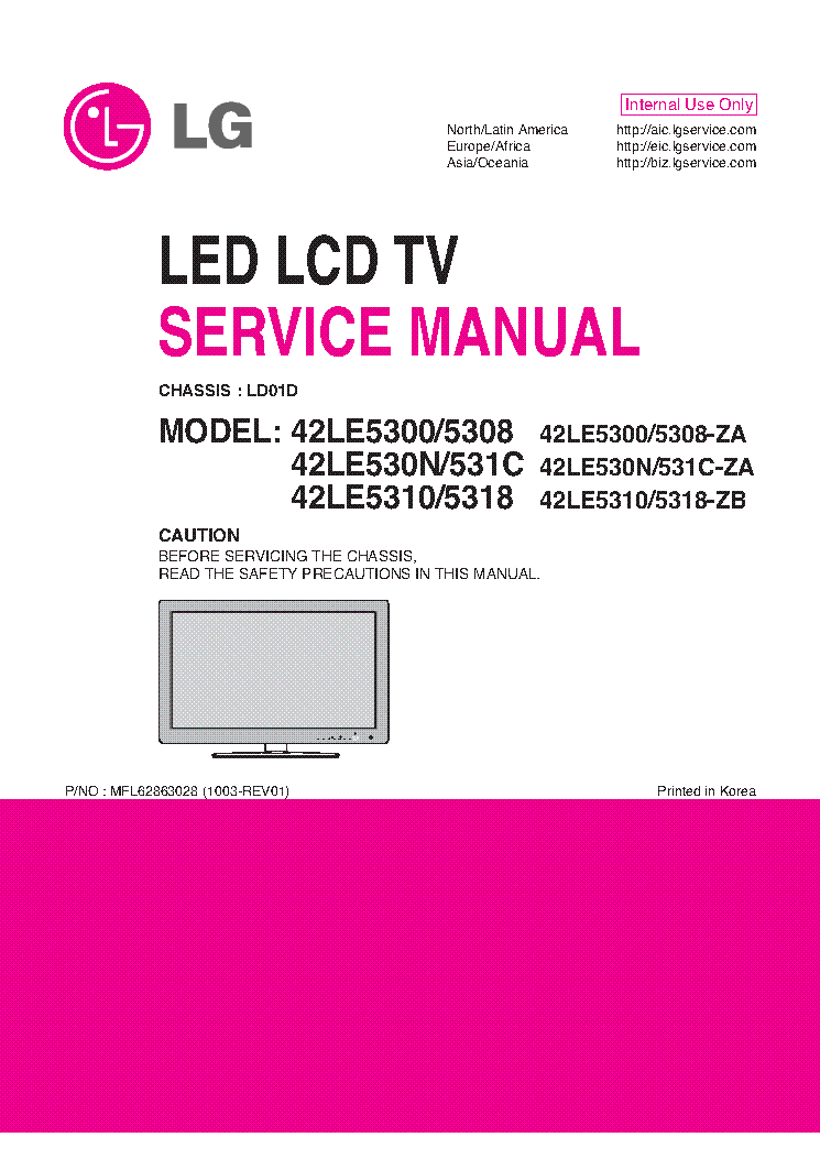 LG 42LE5300 42LE5308 42LE530N 42LE531C 42LE5310 42LE5318 CHASSIS LD01D SM service manual (1st page)