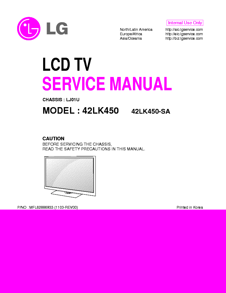 LG 42LK450-SA CHASSIS LJ01U MFL62886933 1103-REV00 service manual (1st page)