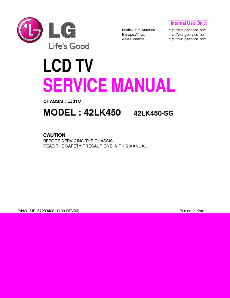 LG 42LK450-SG CHASSIS LJ01M MFL67289408 1109-REV00 service manual (1st page)
