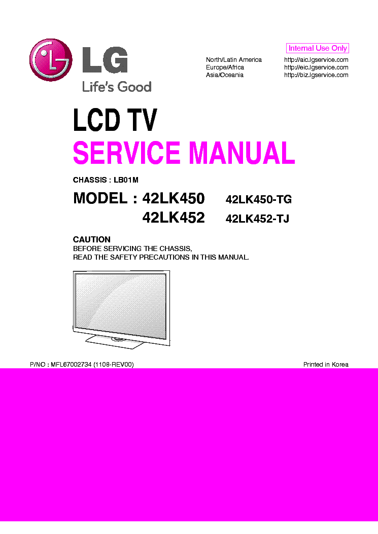 LG 42LK450-TG 42LK452-TJ CHASSIS LB01M MFL67002734 1108-REV00 service manual (1st page)