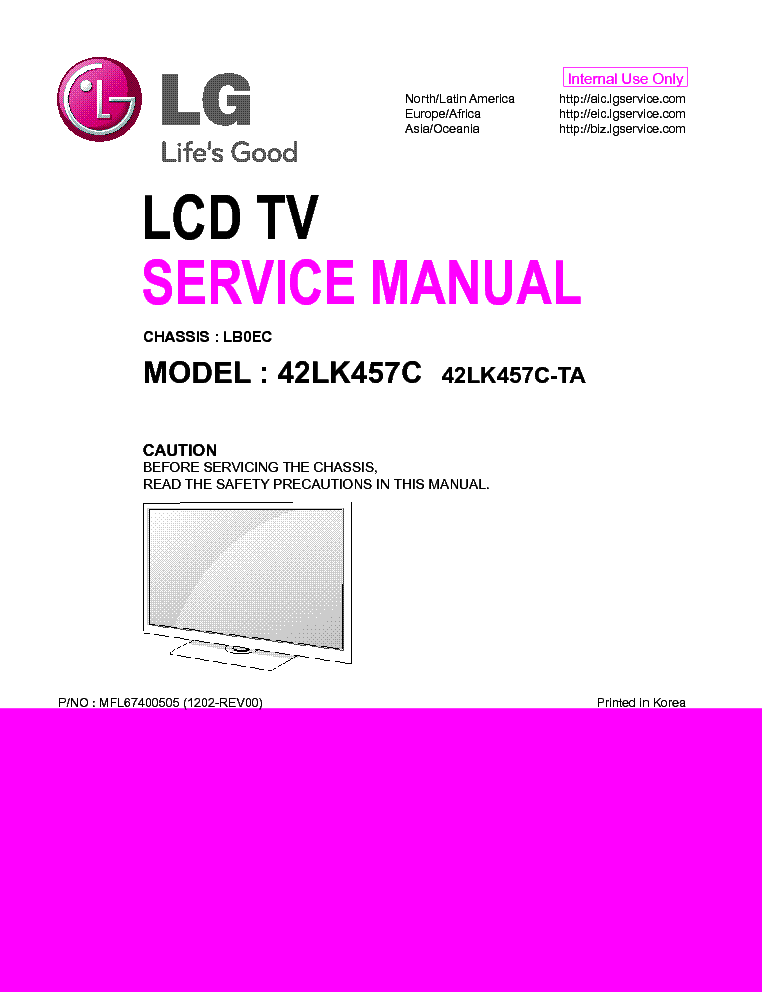 LG 42LK457C-TA CHASSIS LB0EC MFL67400505 1202-REV00 service manual (1st page)