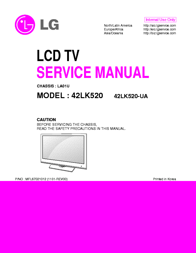 LG 42LK520-UA CHASSIS LA01U MFL67021012 1101-REV00 service manual (1st page)