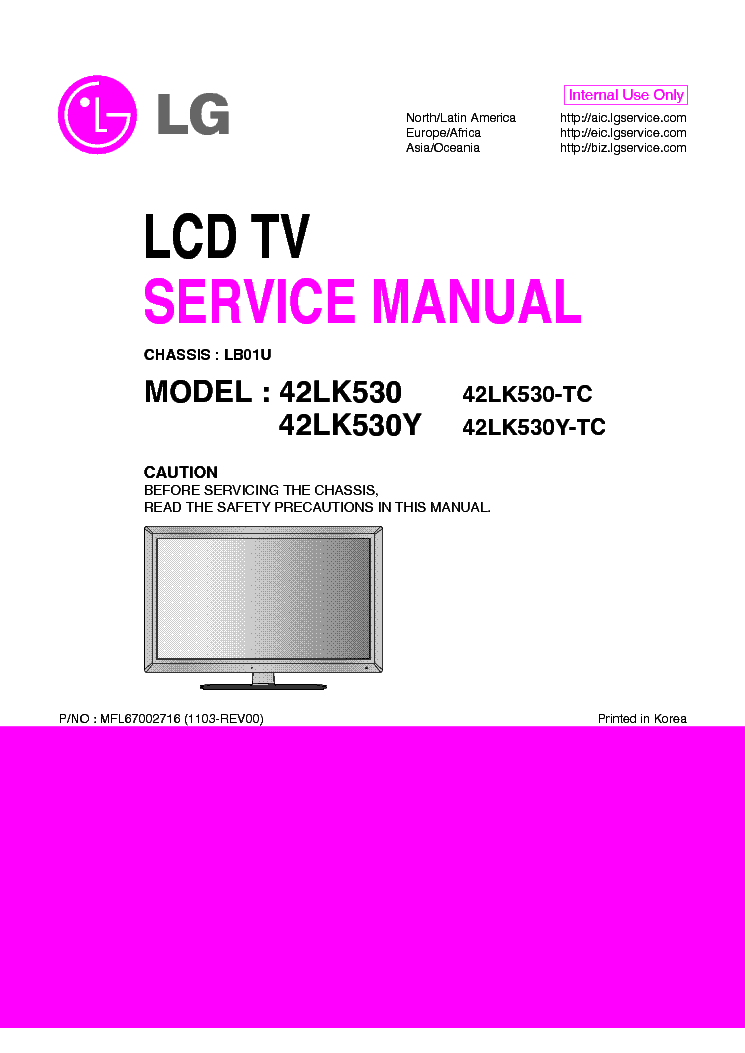 LG 42LK530-TC 42LK530Y-TC CHASSIS LB01U MFL67002716 1103-REV00 service manual (1st page)