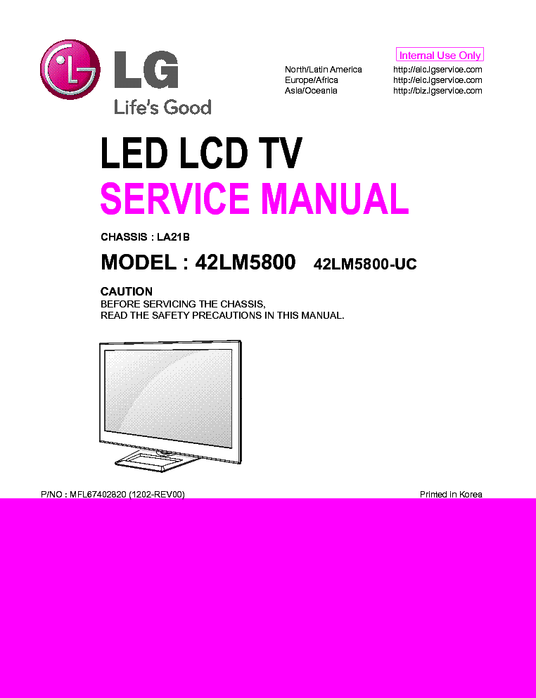 LG 42LM5800-UC CHASSIS LA21B MFL67402820 1202-REV00 service manual (1st page)