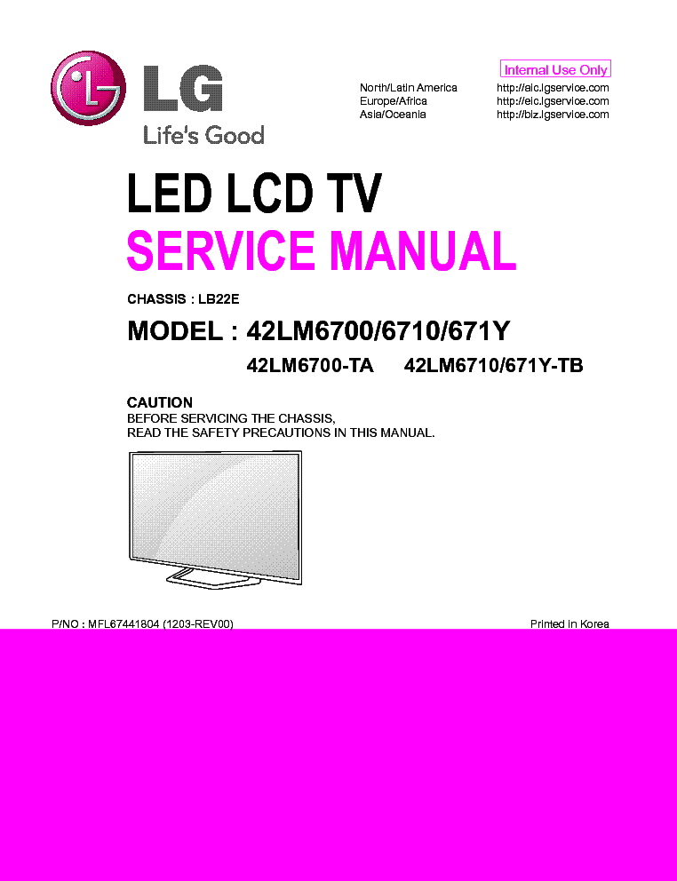 LG 42LM6700-TA 42LM6710-TB 42LM671Y-TB CHASSIS LB22E MFL67441804 1203-REV00 service manual (1st page)