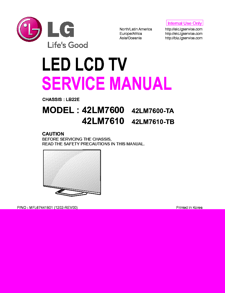 LG 42LM7600-TA 42LM7610-TB CHASSIS LB22E MFL67441801 1202-REV00 service manual (1st page)
