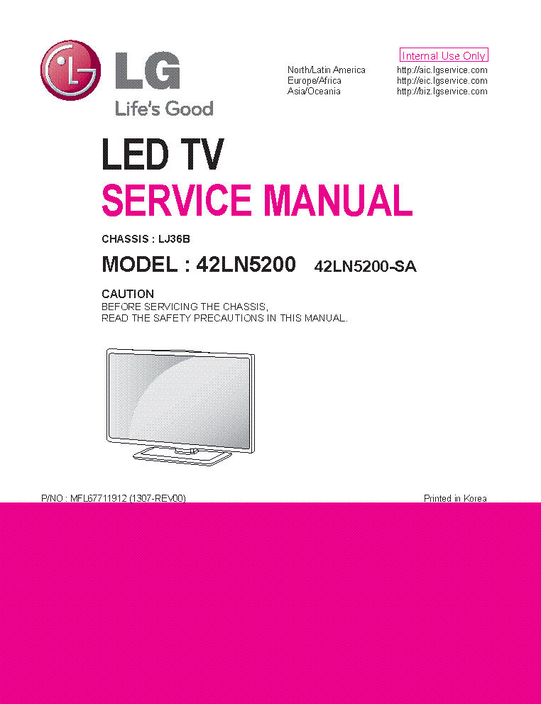 LG 42LN5200-SA CHASSIS LJ36B MFL67711912 1307-REV00 service manual (1st page)