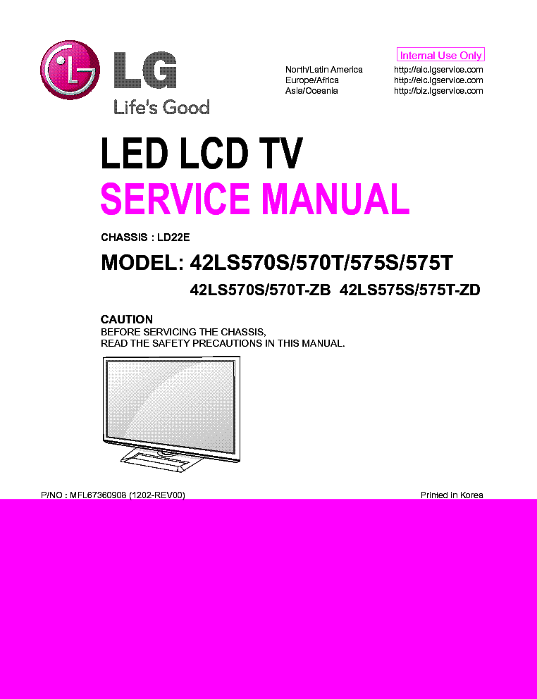 LG 42LS570S-ZB 570T 575S 575T CHASSIS LD22E MFL67360908 1202-REV00 service manual (1st page)
