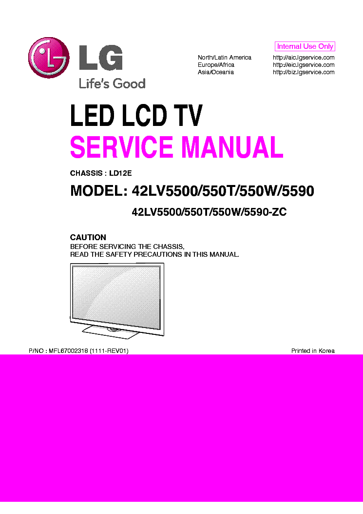 LG 42LV5500-ZC 42LV550T-W-ZC 42LV5590-ZC CHASSIS LD12E service manual (1st page)