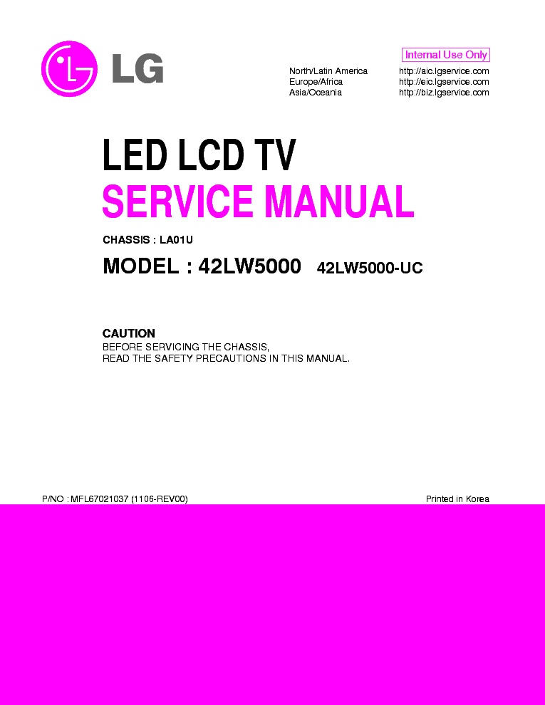 LG 42LW5000-UC CHASSIS LA01U MFL67021037 1106-REV00 service manual (1st page)