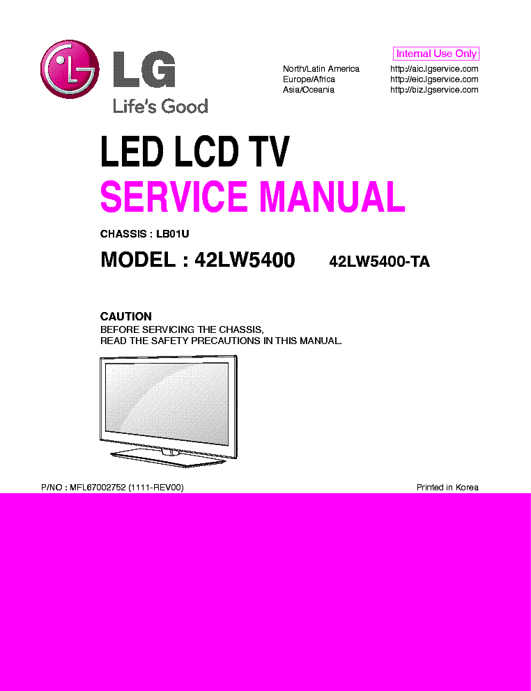 LG 42LW5400-TA CHASSIS LB01U MFL67002752 1111-REV00 service manual (1st page)