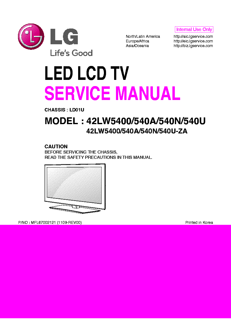 LG 42LW5400-ZA 540A-ZA 540N-ZA 540U-ZA CHASSIS LD01U MFL67002121 1109-REV00 service manual (1st page)