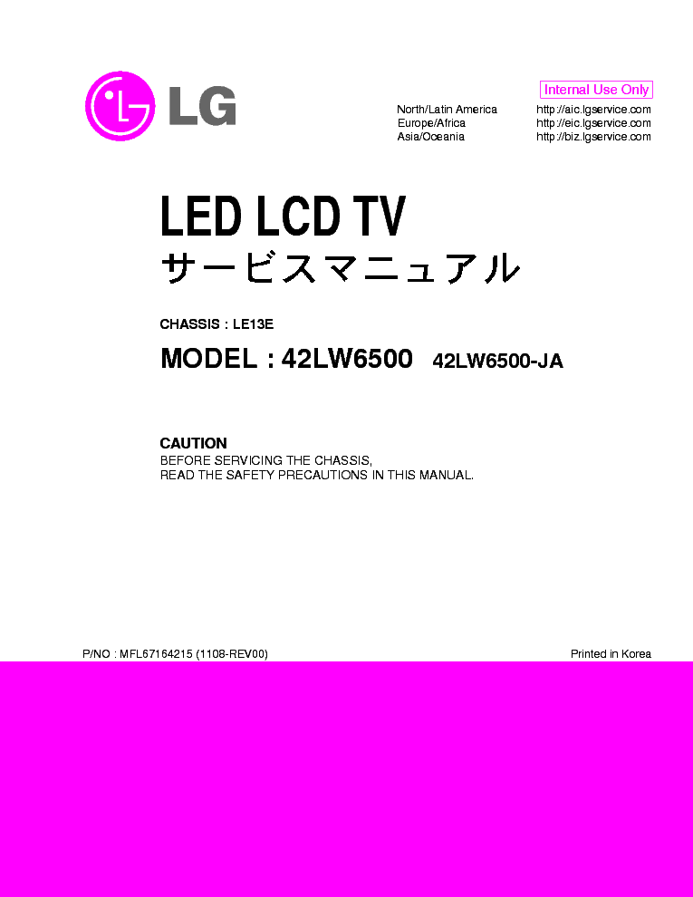 LG 42LW6500-JA CHASSIS LE13E MFL67164215 1108-REV00 service manual (1st page)