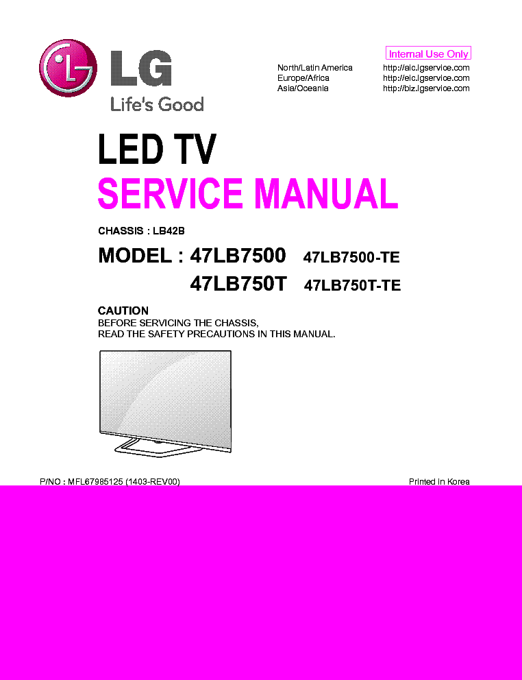 LG 47LB7500-TE 47LB750T-TE CHASSIS LB42B 1403-REV00 service manual (1st page)