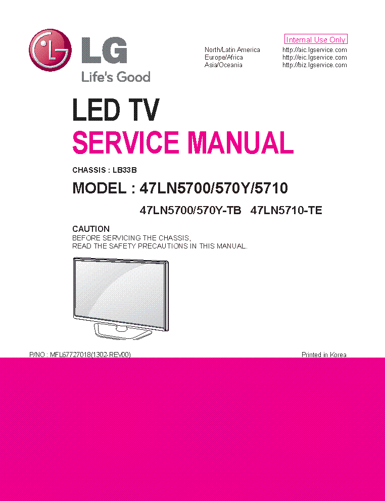 LG 47LN5700-TB 47LN570Y 47LN5710-TE CHASSIS LB33B MFL67727018 1302-REV00 service manual (1st page)