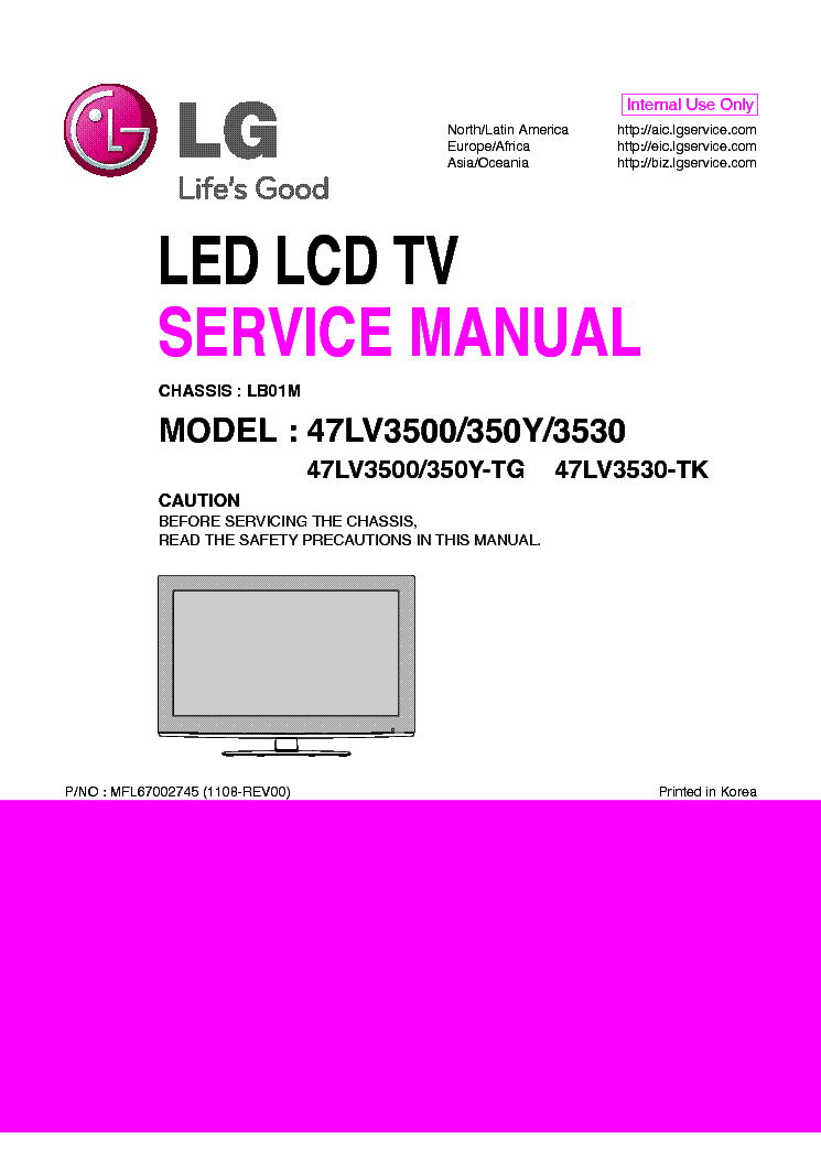 LG 47LV3500-TG 47LV350Y-TG 47LV3530-TK CHASSIS LB01M service manual (1st page)