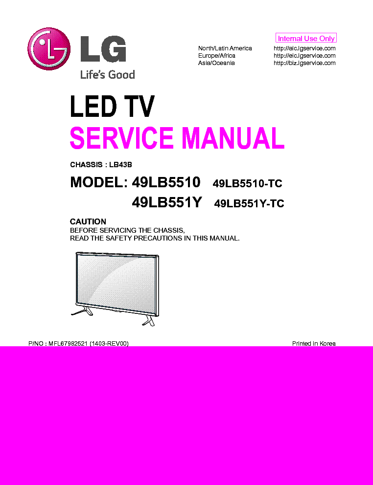 LG 49LB5510-TC 49LB551Y-TC CHASSIS LB43B MFL67982521 1403-REV00 service manual (1st page)