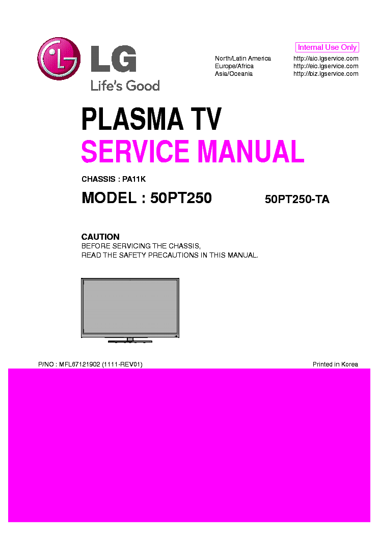 LG 50PT250-TA CHASSIS PA11K MFL67121902 1111-REV01 service manual (1st page)