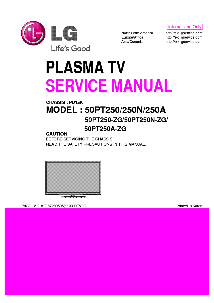 LG 50PT250-ZG 250N-ZG 250A-ZG CHASSIS PD13K MFLMFL67289505 1109-REV00 service manual (1st page)