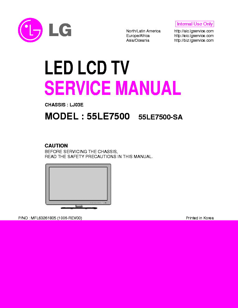 LG 55LE7500-SA CHASSIS LJ03E MFL63261805 service manual (1st page)