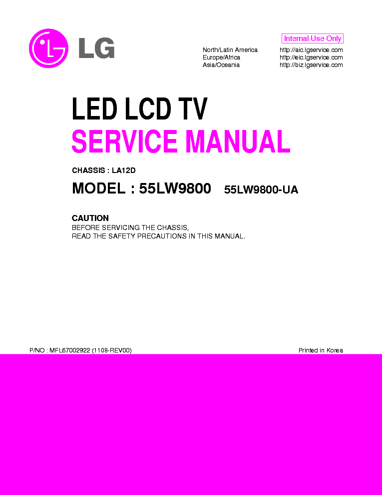 LG 55LW9800-UA CHASSIS LA12D MFL67002922 1108-REV00 service manual (1st page)