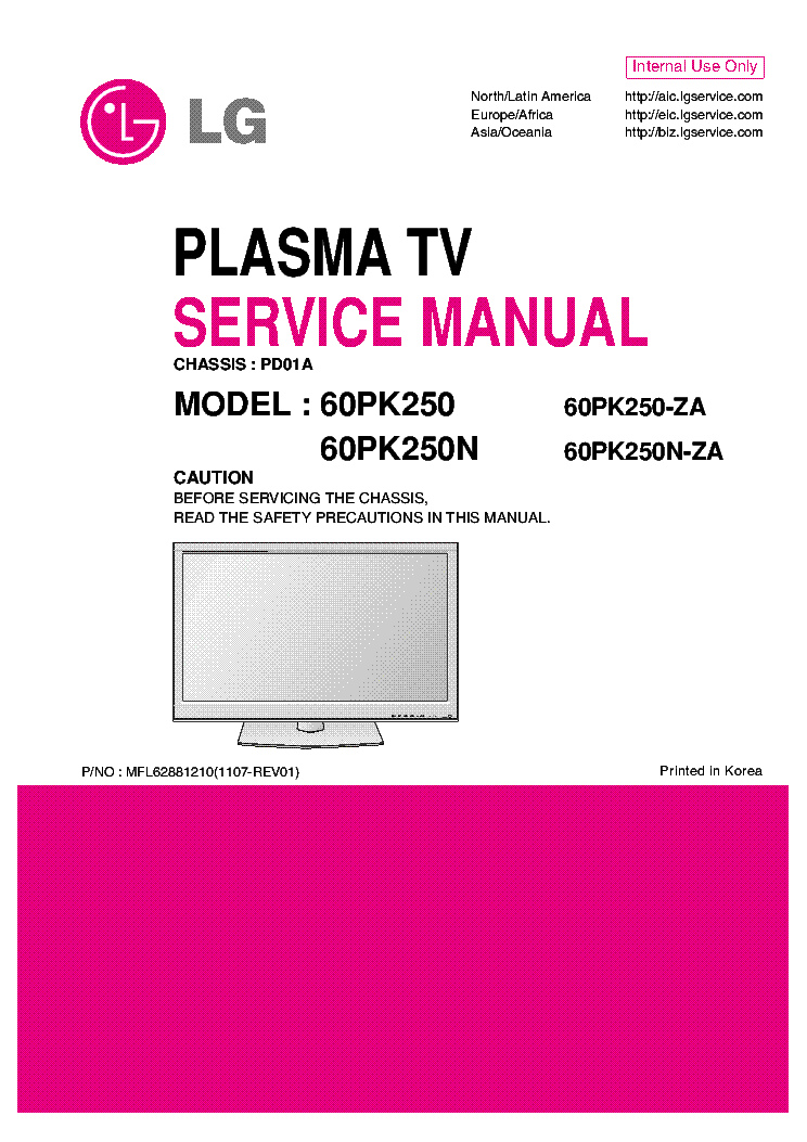 LG 60PK250-ZA 60PK250N-ZA CHASSIS PD01A 1107-REV01 service manual (1st page)
