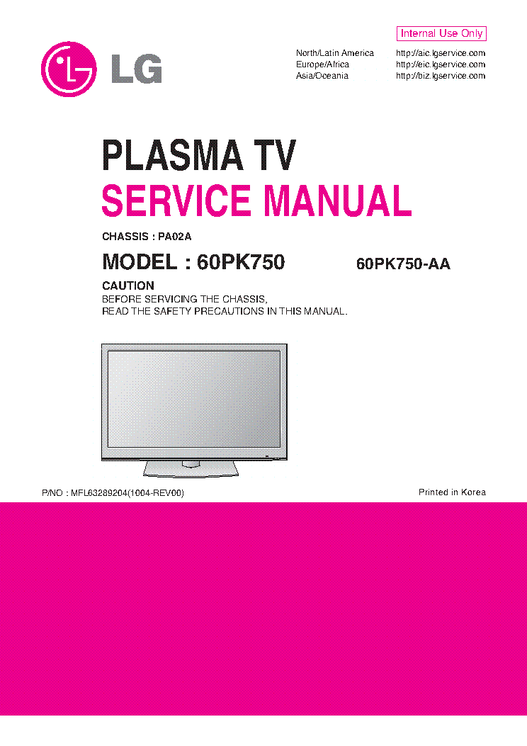 LG 60PK750-AA CHASSIS PA02A REV00 service manual (1st page)