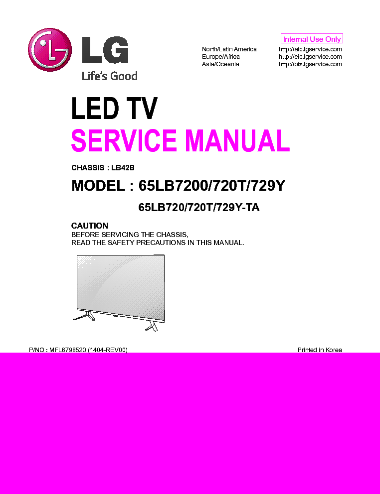 LG 65LB7200-TA 65LB720 65LB720T 65LB729Y CHASSIS LB42B 1404-REV00 service manual (1st page)