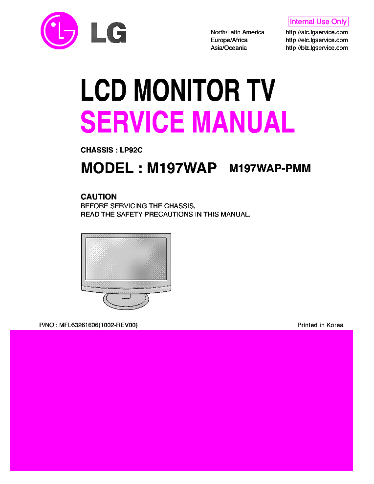 LG M197WAP-PMM CHASSIS LP92C MFL63261606 1002-REV00 service manual (1st page)