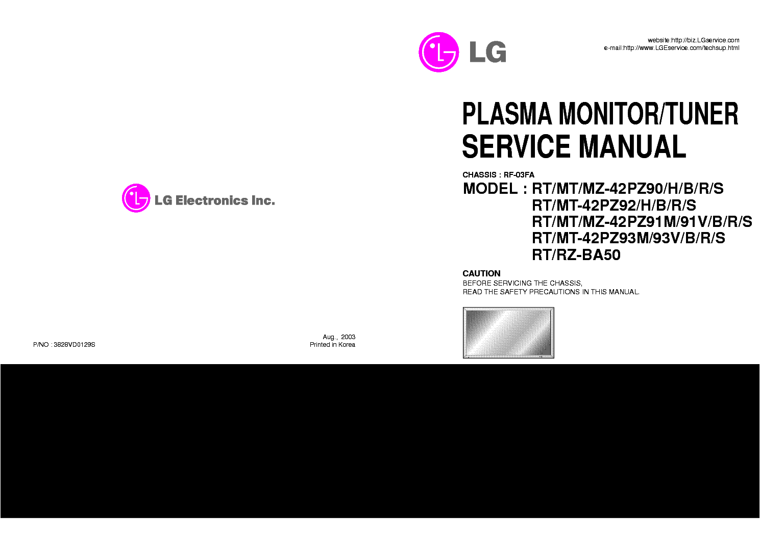 LG RF03FA CHASSIS RT42PZ90 PLASMA service manual (1st page)