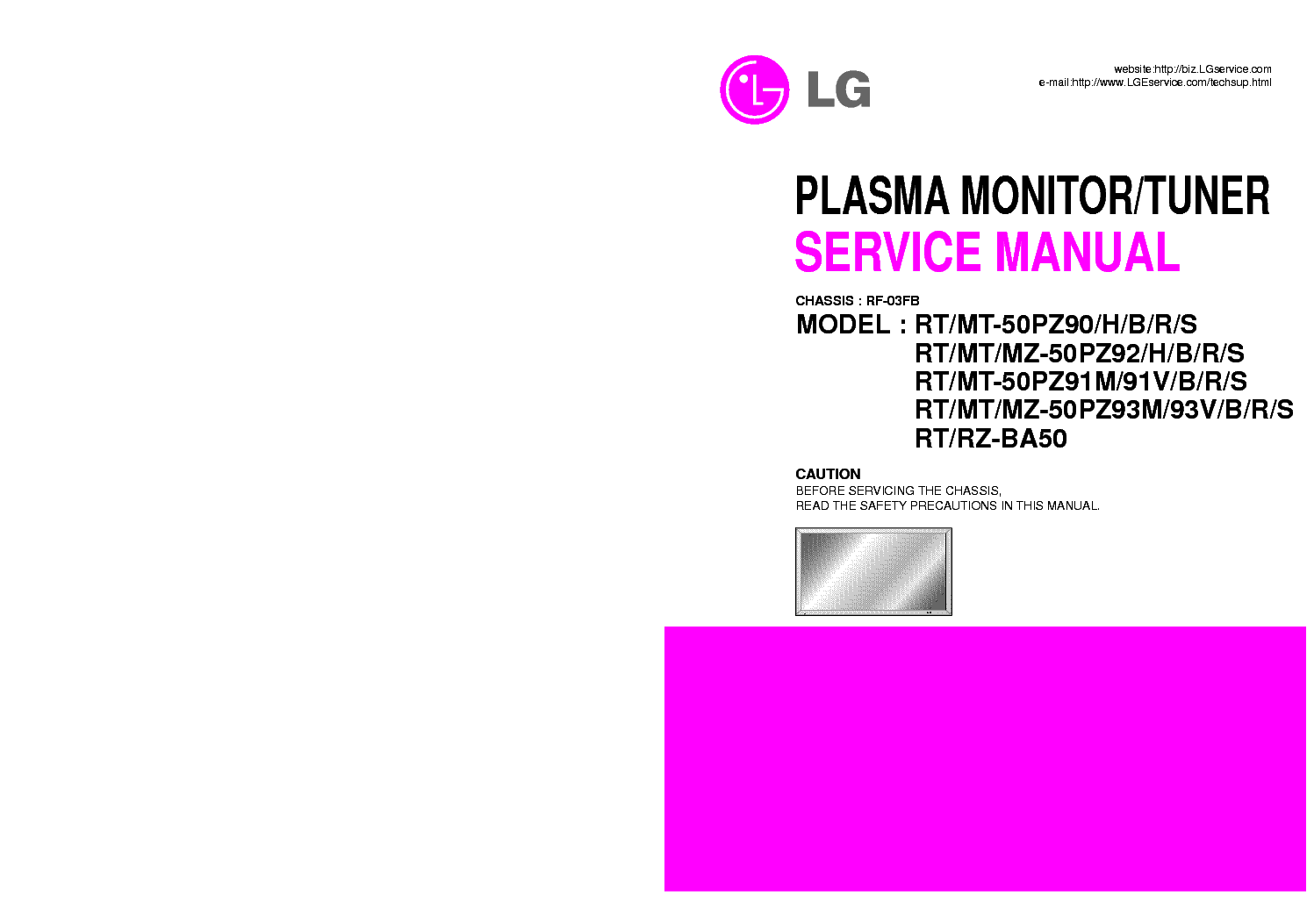 LG RF03GB CHASSIS RT50PZ90 PLASMA service manual (1st page)