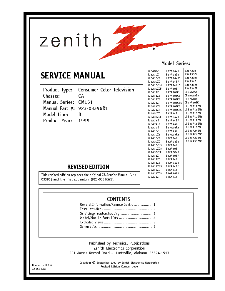 LG ZENITH B25A02Z-B36A30Z,CB25A25Z-CB27A10ZC,LGB26A11ZM-LGB29A30ZM5 CHASSIS CA SERIES SM service manual (1st page)