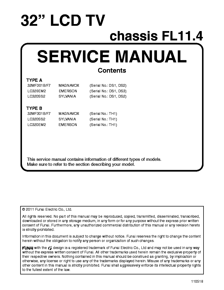 MAGNAVOX 32MF301B-F7 CHASSIS FL11-4 SM Service Manual download