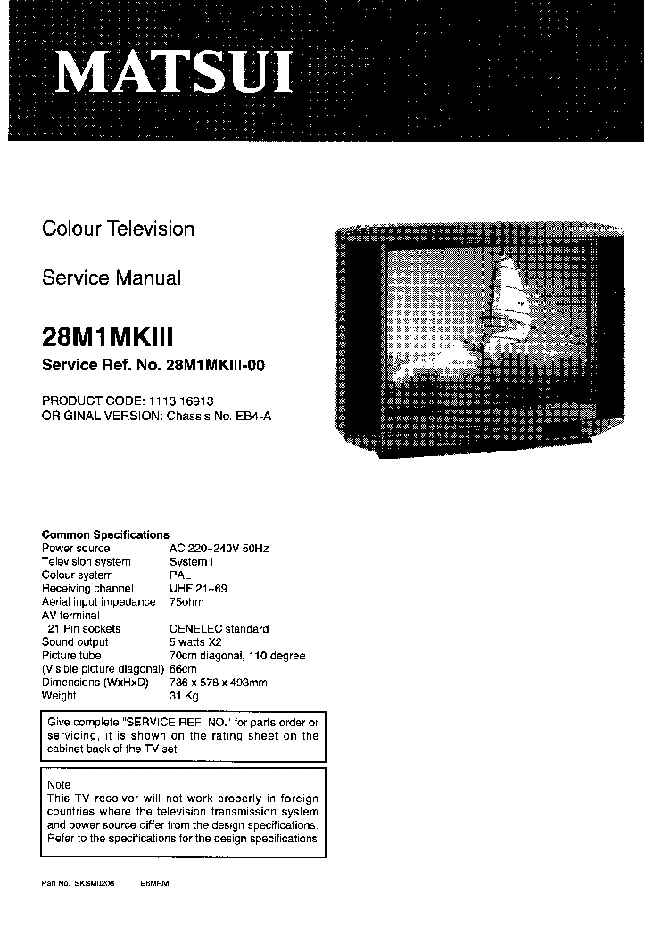 MATSUI 28M1MKIII CHASSIS EB4A SM Service Manual download, schematics