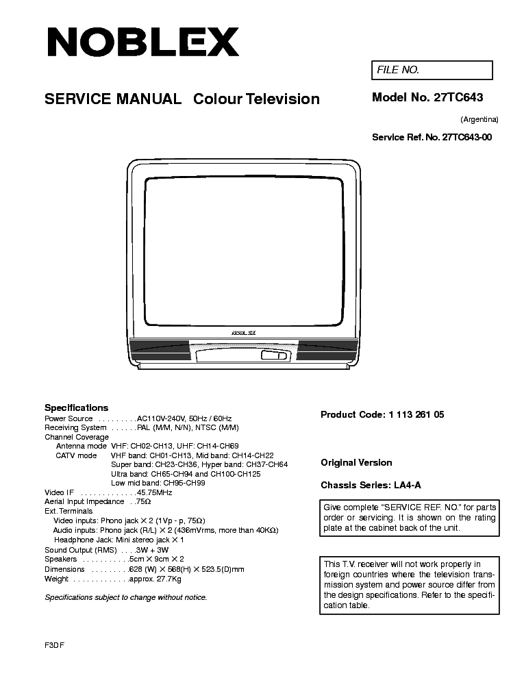 NOBLEX 27TC643 CH LA4-A service manual