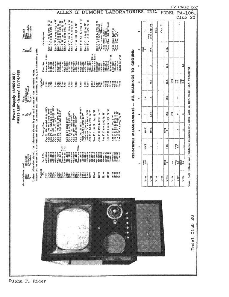 DUMONT RA-106 CLUB-20 POWER SUPPLY service manual