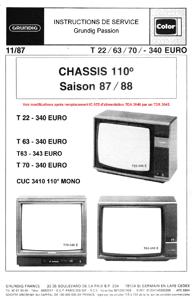 GRUNDIG T22-340 T63-340 T63-343 T70-340 EURO CHASSIS CUC 3410 SAISON 87 88 SM service manual