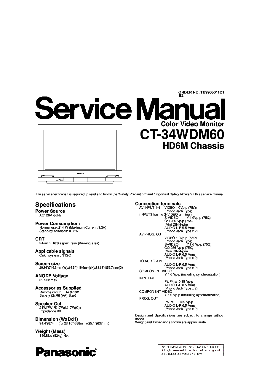 PANASONIC CT34WDM60 CHASSIS HD6M Service Manual download, schematics