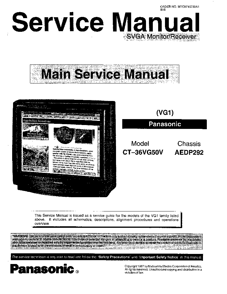 PANASONIC CT-36VG50V CT-36VG50 CT-3696VY CT-3696VYD VG1 CHASSIS AEDP292 SERVICE MANUAL service manual (1st page)